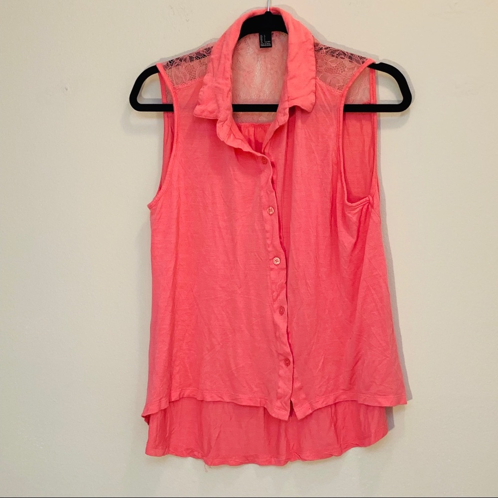 Pink Lace Back Button Up Collared Sleeveless Shirt